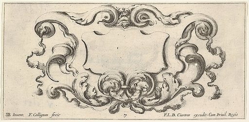 Plate 7: a cartouche with the mask of an ogre at top center, scrollwork to either side, from "Twelve cartouches" (Recueil de douze cartouches)