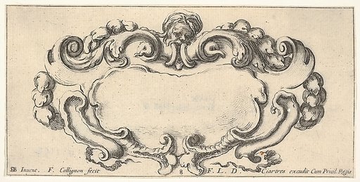 Plate 8: a cartouche with the head of an old man at top center, scrollwork to either side, from "Twelve cartouches" (Recueil de douze cartouches)