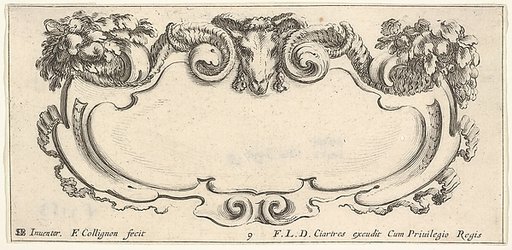 Plate 9: a cartouche with the head of a ram at top center, flowers at top left and right, from "Twelve cartouches" (Recueil de douze cartouches)