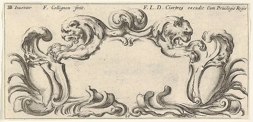 Plate 10: a cartouche with the heads of two lions in profile to left and right in the center, two chimera heads to either side below with their mouths around empty escutcheons, from "Twelve cartouches" (Recueil de douze cartouches)