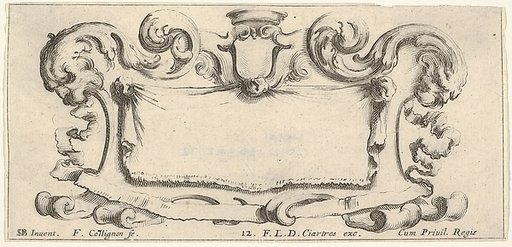 Plate 12: a cartouche with an empty escutcheon at top center, a head of a lion in profile to either side, from "Twelve cartouches" (Recueil de douze cartouches)