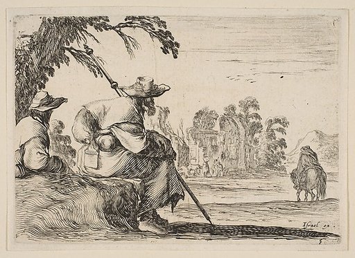 Two pilgrims with hats rest to the left, seen from behind, a horseman rides towards the background to the right, plate 5 from "Various Figures" (Agréable diversité de figures)