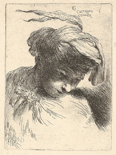 Young man looking down to right, from "'Small Heads in Oriental Headdress"