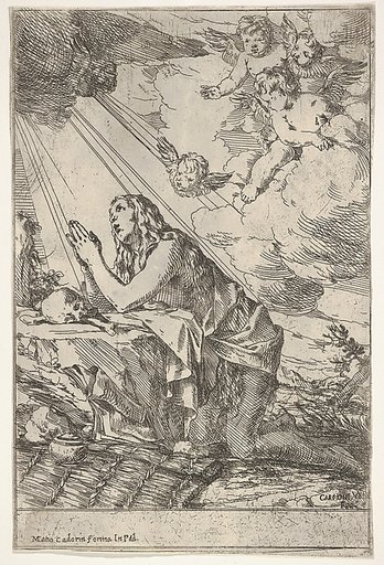 Penitent Magdalen kneeling on a rocky ground before a skull and bones, an ointment jar lies in the left foreground, rays of light and winged putti descend from above