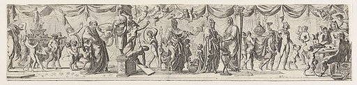 Frieze-like composition of figures walking alongside draped curtains: at left satyrs and children bear a statue of Bacchus on a litter behind an old man (Silenus?), at center two robed satyrs approach a priest, at right Apollo lifts a cup next to satyrs seated at a round table