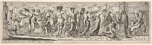 Frieze-like procession of draped women bearing offerings and horns, at right a man cuts a ram's throat before an altar, from a series of twelve frieze-like designs showing bacchanals, sacrifices, and dances