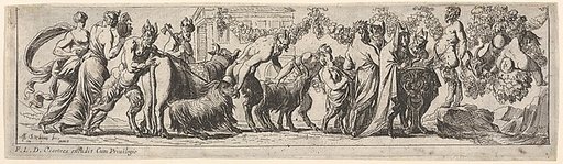 Procession of satyrs and draped figures leading two goats and cow to sacrifice, at right the figure of Pan stands on a rocky pedestal, from a series of twelve frieze-like designs showing bacchanals, sacrifices, and dances