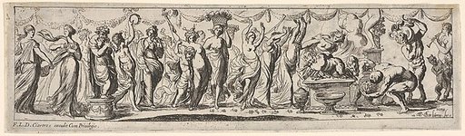 Procession of draped female dancers, women bearing baskets, and male musicians, at right a satyr lies bound on a pyre, from a series of twelve frieze-like designs showing bacchanals, sacrifices, and dances
