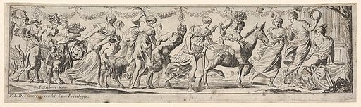 Procession of draped women leading captives and animals, at left Envy rides a lion, at right Silenus rides a donkey, from a series of twelve frieze-like designs showing bacchanals, sacrifices, and dances