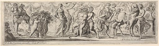Composition of figures between a Pan herm and a sculpted bust: at left putti carry grapevines, at center a satyr supports Silenus upon a leopard skin, at right a satyr shoes a donkey, from a series of twelve frieze-like designs showing bacchanals, sacrifices, and dances