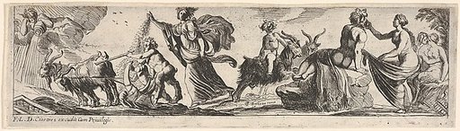 Ceres sows seeds and walks behind a goat-drawn plough, at right a man draped with a lion skin grasps a woman's garment and a female satyr receives an embrace from another figure, from a series of twelve frieze-like designs showing bacchanals, sacrifices, and dances