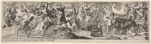Bacchanal with young Bacchus grasping grapes in his raised left hand; at left a satyr, putti, and a donkey crowd around Bacchus; at right a she-goat suckles a child and women pass a bowl; from a series of twelve frieze-like designs showing bacchanals, sacrifices, and dances