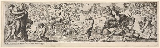 Composition with three figure groups: at left a woman struggles with a male assailant, at center a female satyr and male satryr sit upon a pedestal, at right putti surround two young satyrs riding a goat, from a series of twelve frieze-like designs showing bacchanals, sacrifices, and dances