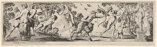 Composition of figures arranged in a landscape foreground before a statue of a female goddess, at left two nude figures support a nude woman riding a goat led by a putto, at center a draped woman holds one finger to her eye behind a satyr holding a bow, at right Mercury twists away from the satyr, f