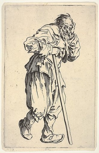 Bearded man, dressed in rags, holding his head with one hand and a walking stick with the other, from "The Beggars" (Les Gueux)