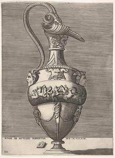 Antique Ewer with a Handle in the Shape of Two Snakes coming from the Head of Medusa below, from "Vases after the Antique"