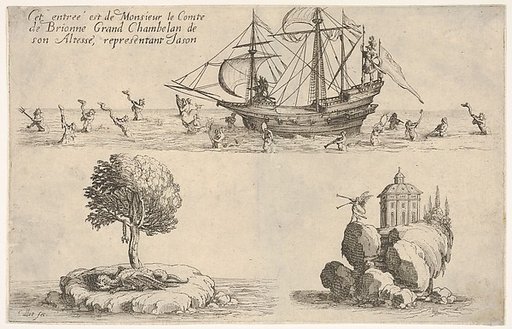 The entry of the Count of Brionne: in the upper image, the count stands on a shipdeck in the guise of Jason, with mermaids and tritons playing musical instruments in the water below; at lower left, the Golden Fleece hangs in a tree above a recumbent dragon; at lower right, a winged figure of Fame pl