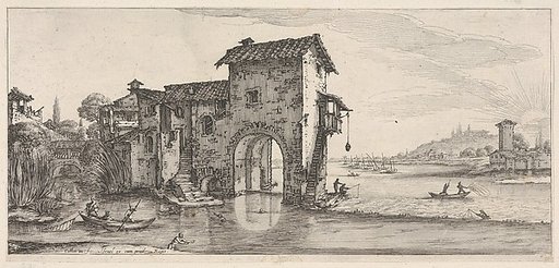 Landscape with water-mill and figures fishing in boat on the left river on the right, from "Italian landscapes" (Diverse vedute designate in Fiorenza / Paysages italiens)