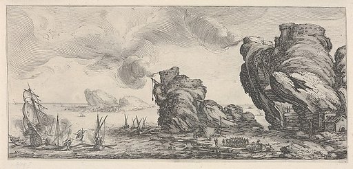 Naval battle with ruined ship and smoking battlements, from "Italian landscapes" (Diverse vedute designate in Fiorenza / Paysages italiens)