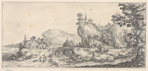 Walking and mounted figures surrounding a river traversed by a bridge, with a hilly outcrop and windmill, from "Italian landscapes" (Diverse vedute designate in Fiorenza / Paysages italiens)