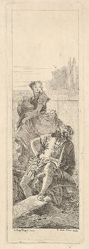 A bearded, seated man looks over his right shoulder toward a child and woman bearing a vessel, possibly a variation on a theme of Armida and Adraste from "Jerusalem delivered" (Gerusalemme liberata)