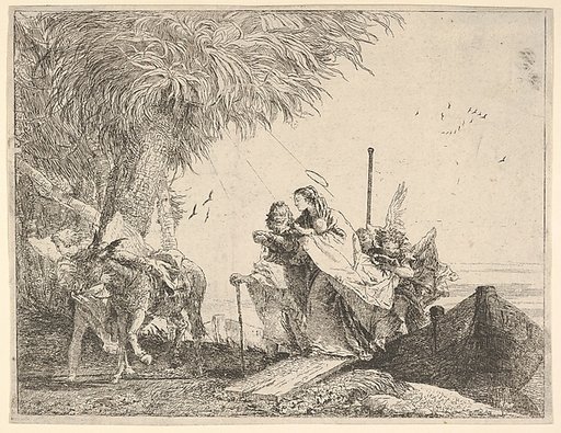 Mary, helped by Joseph and an angel, stepping from a boat to the shore, an angel steadies a donkey before her, from "The Flight into Egypt"