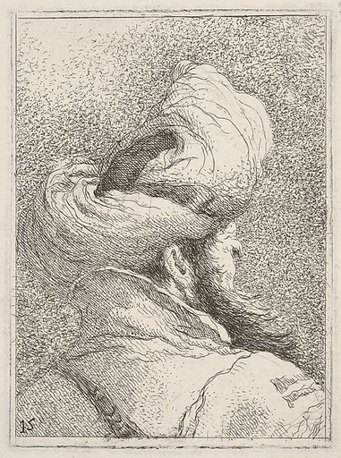 Bearded man wearing a turban, depicted in bust length from behind in three-quarters view, from "Collection of heads" (Raccolta di teste)