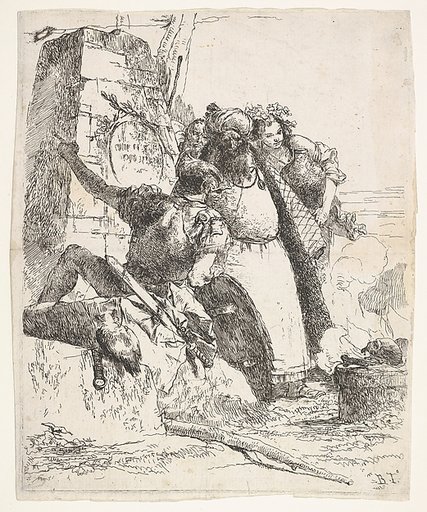 A scene of necromancy: a woman bearing a vessel, a turbaned man, and a soldier look toward a pedestal upon which a skull and limb bone are burning, a bearded male figure's face is visible behind the group, from "Turns of fantasy" (Scherzi di fantasia)
