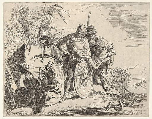 Three figures and a snake coiled around a staff, surrounded by a landscape, the central figure rests his left hand on a shield and leans toward a bearded figure holding a book, from "The Capricci"