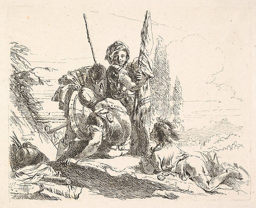 Three soldiers and a youth lying on his abdomen in a landscape, the soldiers bear armor and a flag, from "The Capricci"