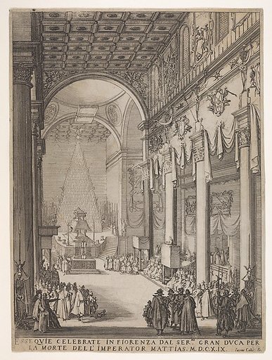 Catafalque of the Emperor Mathias with performance of funeral inside the Church of San Lorenzo, Florence