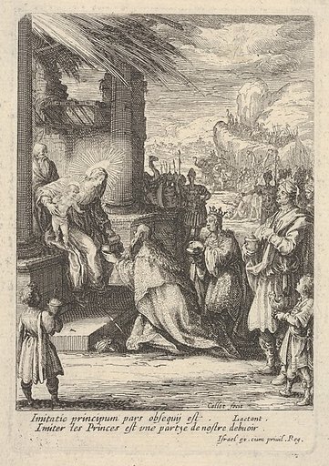 Adoration of the Magi, with Mary bracing Jesus with her right hand and reaching for a gift with her left