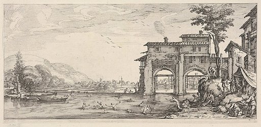 View of bathers and a large building at the right, from "Italian landscapes" (Diverse vedute designate in Fiorenza / Paysages italiens)