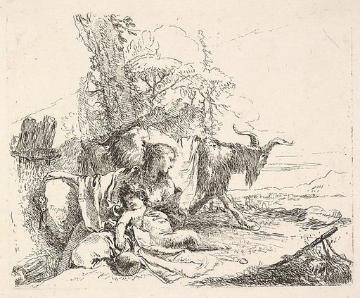 Woman and infant satyr in a landscape, the woman twisting to look over her left shoulder, a horned goat striding toward the background, from "The Capricci"