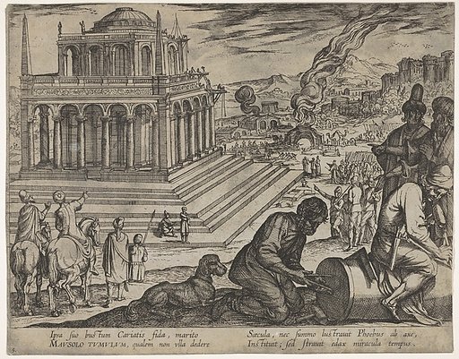 Plate 5: Tomb of Mausolus, stone masons make a column at the right, from "The Seven Wonders of the World"