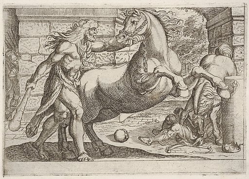 Hercules and the Mares of Diomedes: Hercules grasps the bridle of a rearing horse, a second horse tramples a figure in at right, from "The Labors of Hercules"