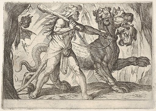 Hercules and Cerberus: Hercules grasps the collar of Cerberus, two demons appear at left, from "The Labors of Hercules"