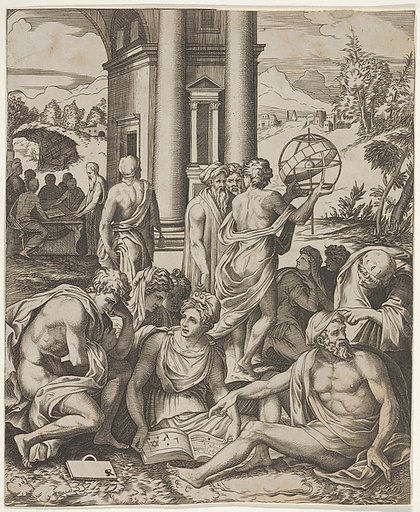 Assembly of male and female scholars gathered around an open book, in the middle ground a man holds aloft an armillary sphere, another group of scholars in the background