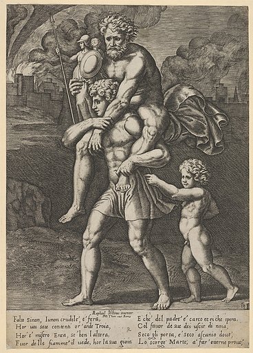 Aeneas carrying Anchises on his shoulders while Troy burns in the background