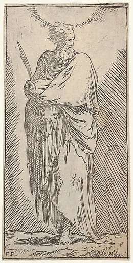 St. Bartholomew, standing in frontal view with head facing to right and holding martyr's palm with both arms, from "Christ and the Twelve Apostles"