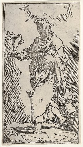 St. John the Evangelist, striding in three-quarter view toward the left and holding a chalice with snakes in his right hand, an eagle stands behind his right leg