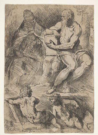 Sheet of studies with St. Jerome, seated at right and resting his right forearm on a book, at left an ecclesiastical figure wearing a cope and miter, and at bottom two putti