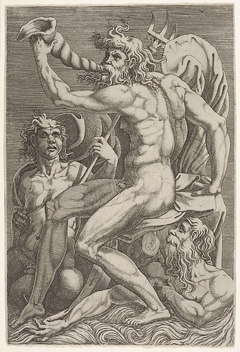 Seated Neptune holding a conch shell to his mouth, accompanied by a seated triton and another emerging from the water at bottom right