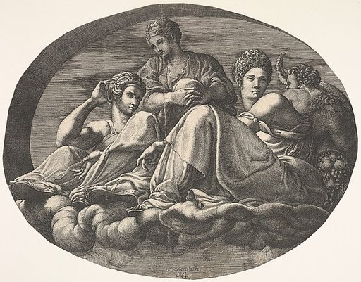 Juno and two goddesses reclining on clouds with two child figures and fruits at right, an oval composition, from a series of eight compositions after Francesco Primaticcio's designs for the ceiling of the Ulysses Gallery (destroyed 1738-39) at Fontainebleau