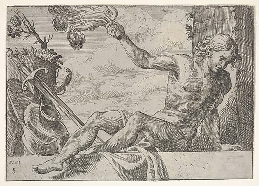 Mars, seated on a wall and holding a flame in his right hand, with armor below