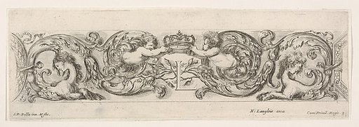 Design for a Frieze with Two Putti holding a crown over the letter 'L' (for Louis XIV?), plate 3 from "Decorative friezes and foliage" (Ornamenti di fregi e fogliami)