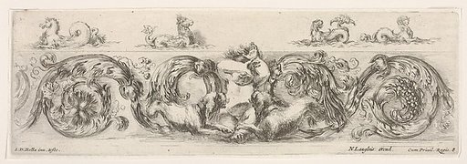 Design for a Frieze with Acanthus Scrolls and a Child flanked by Dogs in the Center, plate 8 from "Decorative friezes and foliage" (Ornamenti di fregi e fogliami)