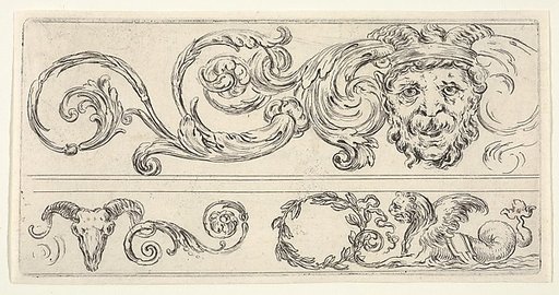Three fragments of friezes; on top, a grotesque head of a man, a skull of a ram at bottom left and a chimera at bottom right, plate 2 from "Friezes, foliage, and grotesques" (Frises, feuillages et grotesques)