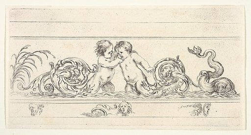Two infants standing in the water at center with their legs as scrollwork, below three small sketches of heads, plate 3 from "Friezes, foliage, and grotesques" (Frises, feuillages et grotesques)
