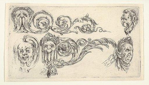 Five grotesque heads, plate 4 from "Friezes, foliage, and grotesques" (Frises, feuillages et grotesques)